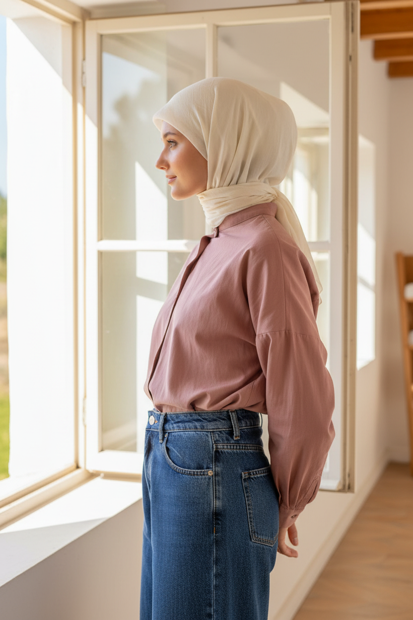 Krem comfort crush eşarp   farklı yüz yan profil