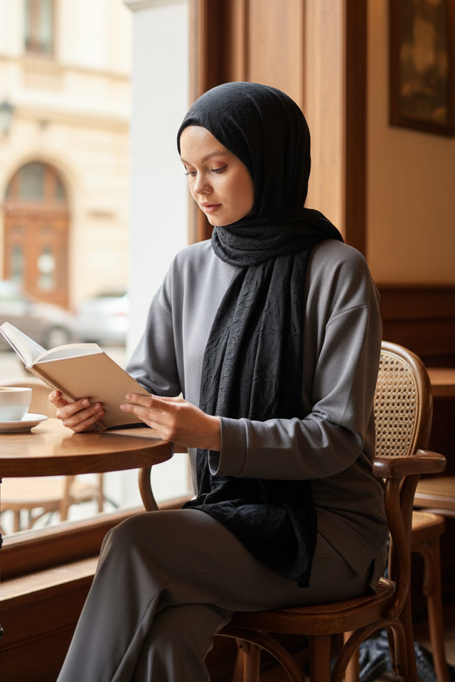 Siyah pamuk crush şal   crush doku belirgin cafe